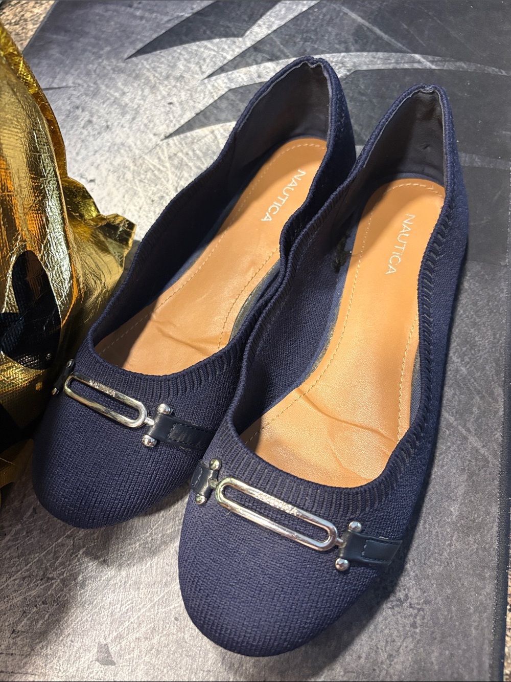 Nautica Navy Knit Slip-On Ballet Flats with Silver Trim